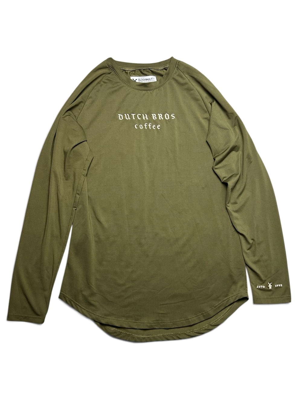 Dutch Bros Embroidered Mens T-Shirt Size L Green Round Neck Stretch Long Sleeve